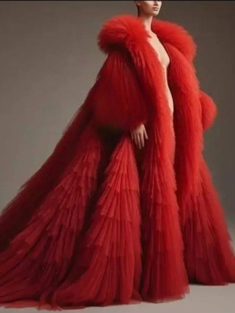 Red Fluffy Pleated Ruffled Lon - đánh giá và giá Women'S Red Formal Wear